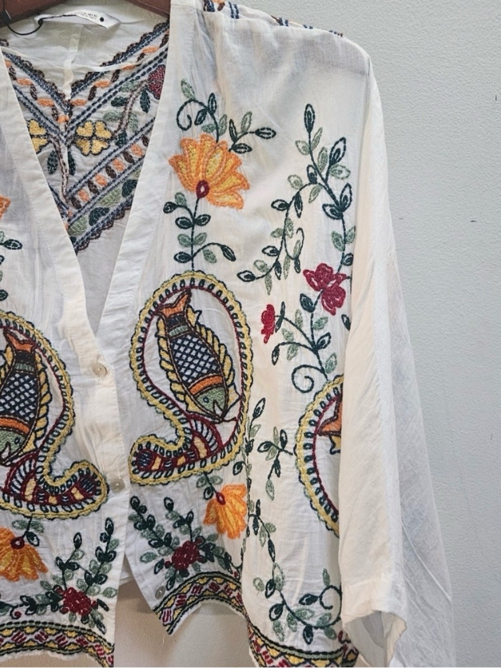 Zara Women's Embroidered Floral Kimono Crop Top Size XL White Boho Cottage - Picture 4 of 11